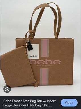 THE BABE COLLECTION Tan Tote Bag with Pink Logo Stripe L 12.5 x w 15. 5